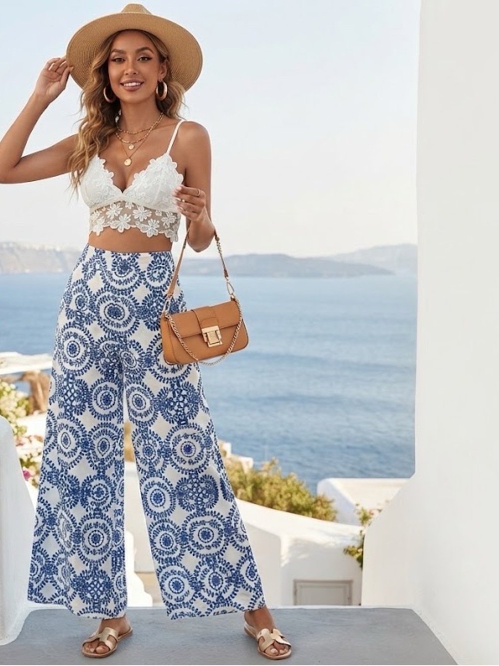 Mediterrainan Pants - Blue-White Wide Leg Printed Pants